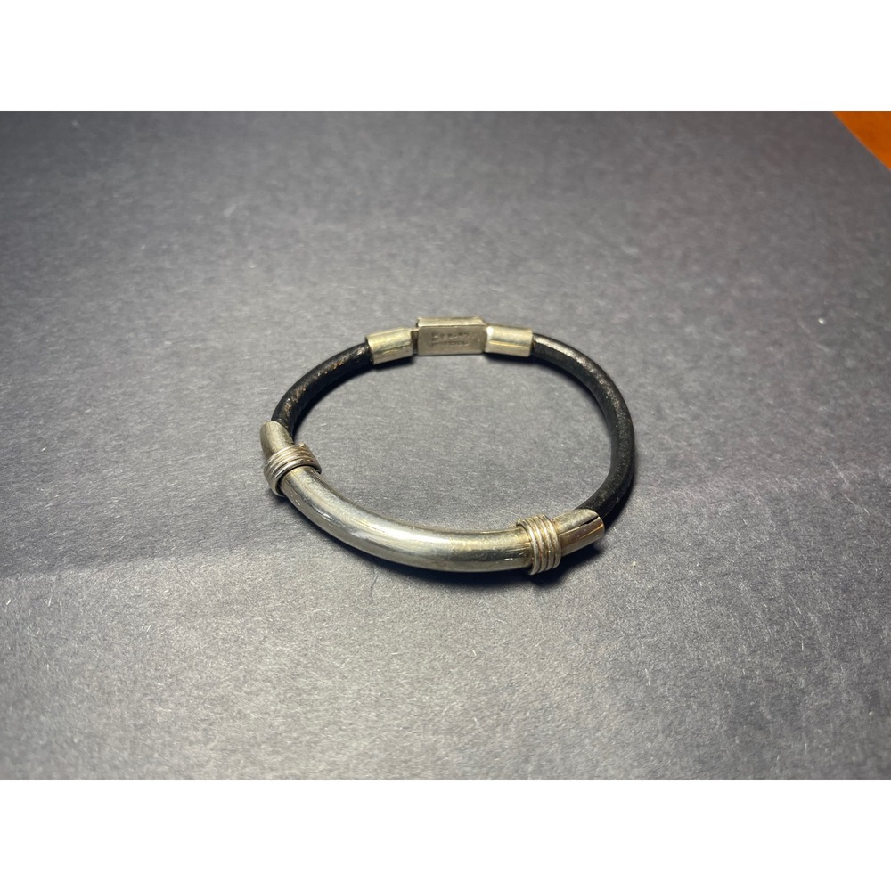 Vintage Mexico Sterling Silver 925 Black Leather Cord Bar Bracelet RT-47 22g